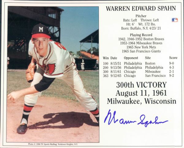 1990 Warren Spahn Milwaukee Braves Signed 8" x 10" 300th Victory Photo - JSA 