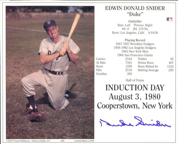 1989 Duke Snider Brooklyn Dodgers Signed 8" x 10" Induction Day Photo - JSA 