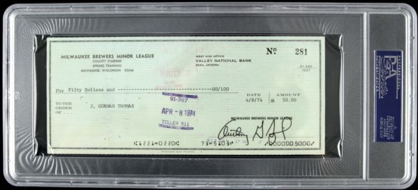 1970s Bud Selig and Gorman Thomas Milwaukee Brewers Signed Checks - PSA Encapsulated - Lot of 5