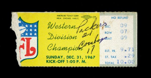 1967 Green Bay Packers Ice Bowl Ticket Stub 1967 NFL Championship 