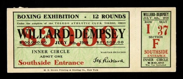 1919 Jess Willard vs. Jack Dempsey Full Ticket