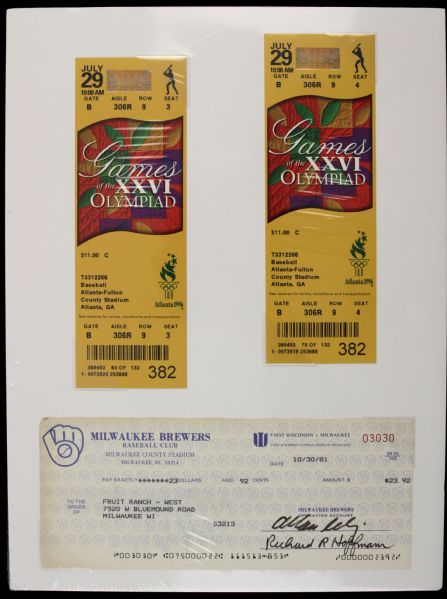 1992 Bud Selig Milwaukee Brewers Signed Check With Two Full Olympic Baseball Tickets - JSA 