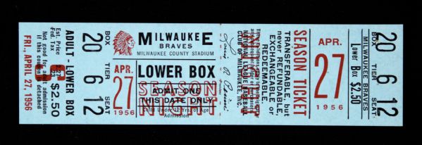 1956 Milwaukee Braves Full Ticket 