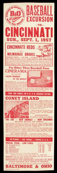 1957 Baseball Excursion to Cincinnati Railway Promotional 5 1/4" x 17" - Reds vs. Milwaukee Braves World Series Winning Season