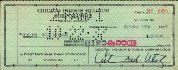1937 Arthur Wirtz Chicago Blackhawks Owner Signed Check - From Championship Season - JSA 