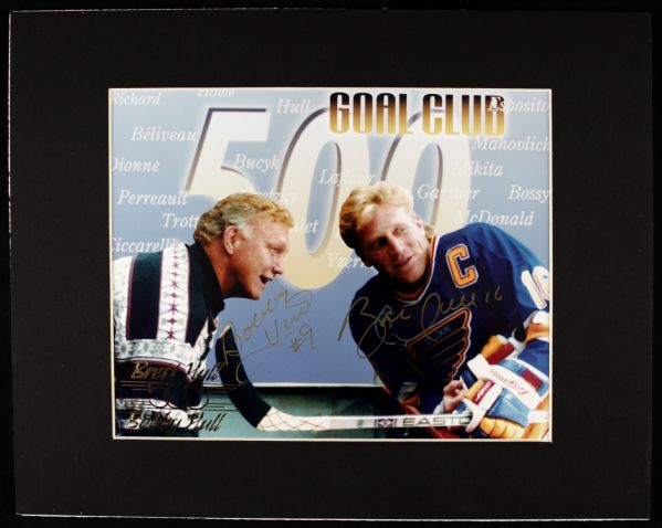 1990s Bobby Hull Chicago Blackhawks & Brett Hull St. Louis Blues Signed 11" x 14" Dispaly - JSA