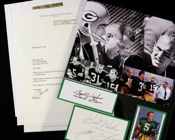 1960s Green Bay Packers Greats Signed Display w/ Bart Starr Paul Hornung & Jim Taylor Incl. (3) Starr Signed Letters - JSA 