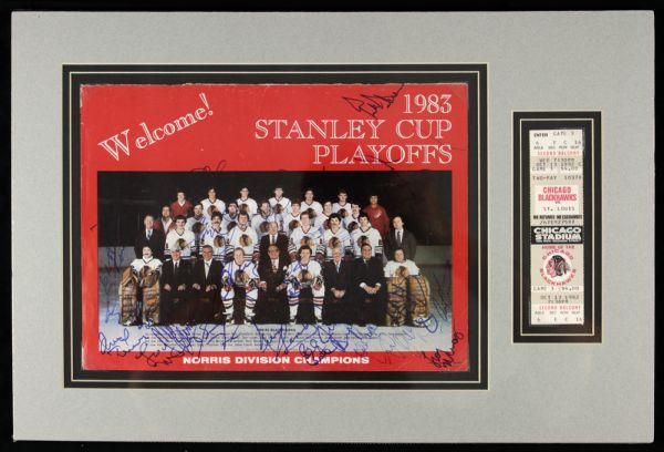 1982-83 Chicago Blackhawks Signed 11" x 14" Photo Display w/21 Sigs. & Full Ticket- JSA