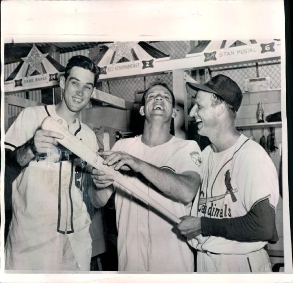 1955 Stan Musial St. Louis Cardinals and Gene Conley Milwaukee Braves (NL All-Stars) “Seattle Times” Original 8 x 8 News Photo (“Seattle Times” Hologram/MEARS LOA)