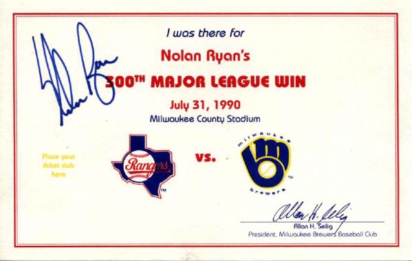 1990 Nolan Ryan Texas Rangers Signed I Was There For 300th Win Certificate Print Photo & Single Signed OAL (Budig) Baseball - JSA 
