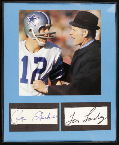 1980s Roger Staubach & Tom Landry Dallas Cowboys Signed Cut Display - JSA 