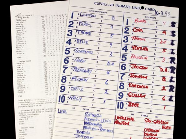 1993 Cleveland Indians vs. Chicago White Sox Lineup Card Last Game At Cleveland Stadium 