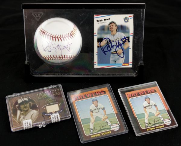 1975-88 Robin Yount Milwaukee Brewers Collection - Single Signed Baseball 1975 Topps Rookie & Mini & Donruss Materials Card - JSA