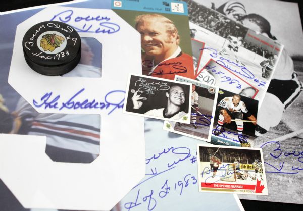 1977-92 Bobby Hull Chicago Blackhawks Signed Photos Cards & Puck - Lot of 10 - JSA 