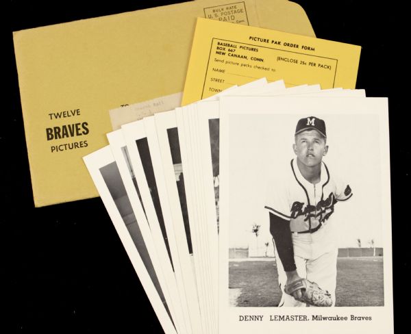 1965 Milwaukee Braves 5" x 7" Picture Pak Hank Aaron Eddie Mathews- Lot of 12 With Original Envelope & Mailing Insert