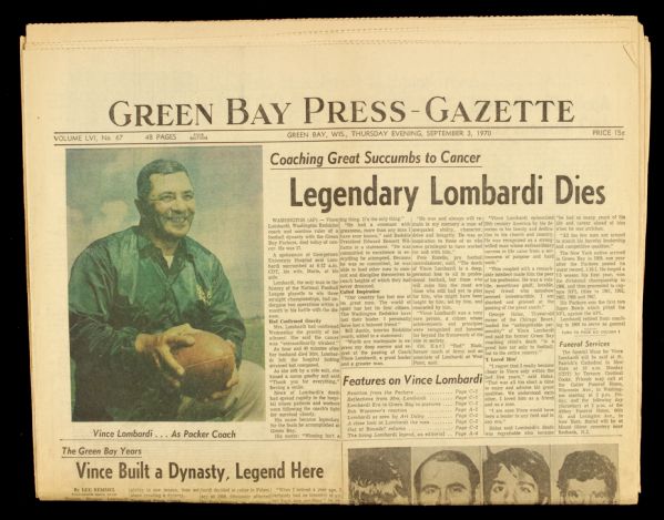 1970 Vince Lombardi Green Bay Packers Green Bay Press Gazette Announcing Coachs Death 