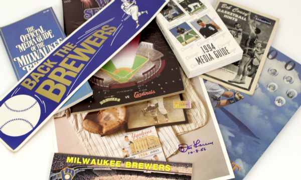 1970-94 Baseball Media Guide & Publication Collection w/ Don Larsen Signed Perfect Game Photo  & Brewers WS Program & Robin Yount Book (MEARS Auction LOA)