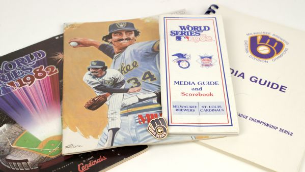 1982 Milwaukee Brewers World Series Press Pin Program & Media Guide Along With ALCS Media Guide