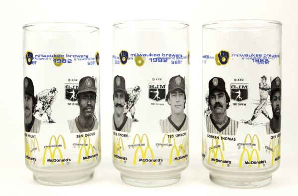 1982 Milwaukee Brewers McDonalds Glasses w/ Robin Yount Ted Simmons - Lot of 3 
