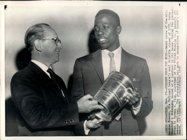 1957 Hank Aaron Milwaukee Braves Norman Klug Miller Brewing President "Boston Herald Collection Archives" Original 6.5" x 9" Photo (Boston Herald Archives Hologram/MEARS Photo LOA)