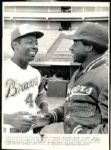 1974 Hank Aaron Atlanta Braves Gets Congrats From Al Downing  "Boston Herald Collection Archives" Original 7 1/2" x 10 1/2" Photo (BH Hologram/MEARS LOA)