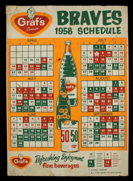 1958 Milwaukee Braves 13" x 19" Grafs Soda Schedule Poster 