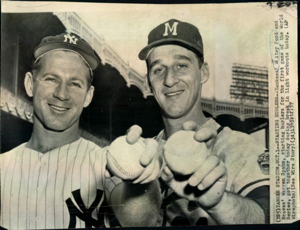1957 Whitey Ford Warren Spahn NY Yankees Milwaukee Braves "Boston Herald Collection Archives" Original 6.5" x 9" Photo (BH Hologram/MEARS LOA)