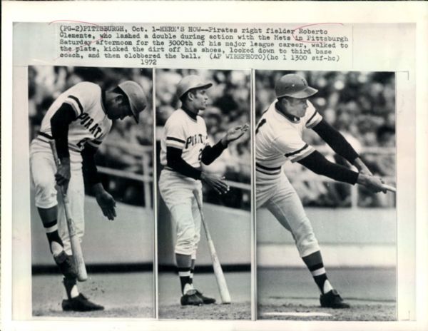 1972 Roberto Clemente Pittsburgh Pirates 3000th Hit "Boston Herald Collection Archives" Original 7" x 9" Photo (BH Hologram/MEARS LOA)