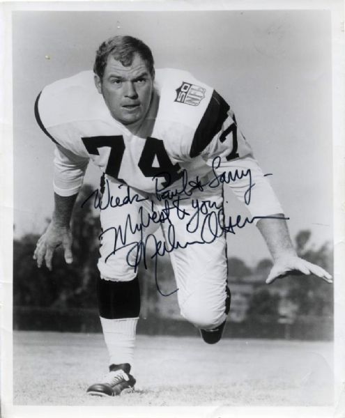 1969 Merlin Olsen Los Angeles Rams Signed 8" x 10" Promotional Photo & Fran Tarkenton Minnesota Vikings Signed Parchment- JSA 