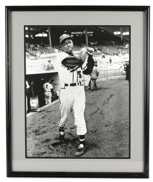 1954 Hank Aaron Milwaukee Braves Signed 21 1/4" x 25 1/2" Photo Display - Rare Image Wearing #5 With Inscription - JSA 