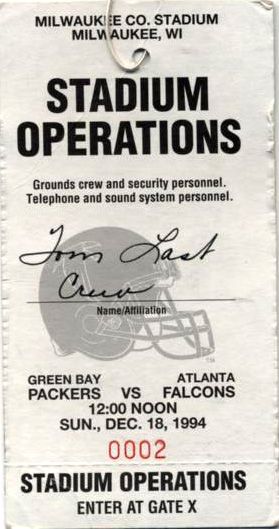 1994 Green Bay Packers Atlanta Falcons Sideline Pass Last County Stadium Game - Brett Favre Game Winning TD Run (Scott Waters LOA)