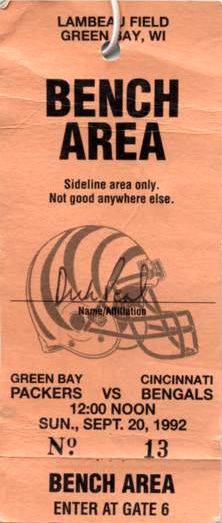 1992 Ultra Rare Green Bay Packers Cincinnati Bengals Sideline Pass Brett Favre First Game & Victory (Scott Waters Collection)