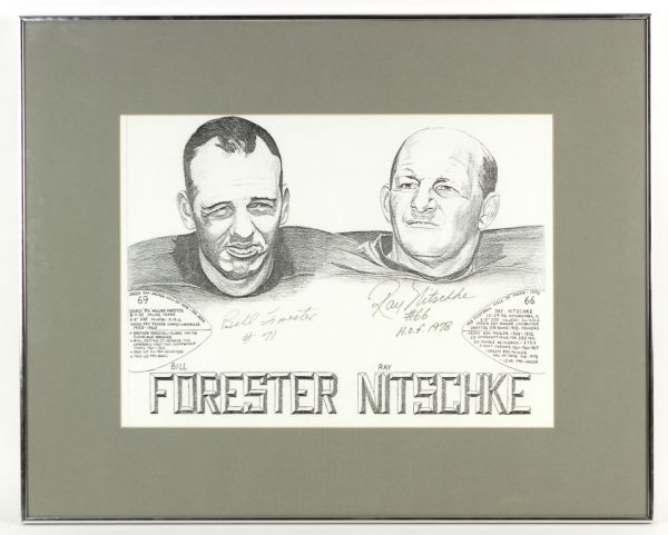1990s Ray Nitschke & Bill Forrester Green Bay Packers Signed 30" x 24 1/2" Artwork - JSA 