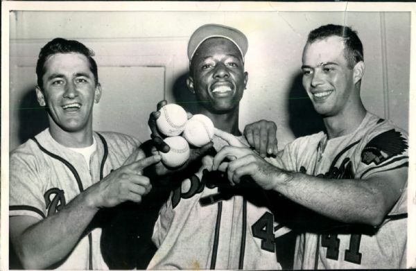 1956 Hank Aaron Eddie Mathews Johnny Logan Milwaukee Braves "Boston Herald Archives" Original 6.5" x 10" Photo (BH Archives Hologram/MEARS LOA)