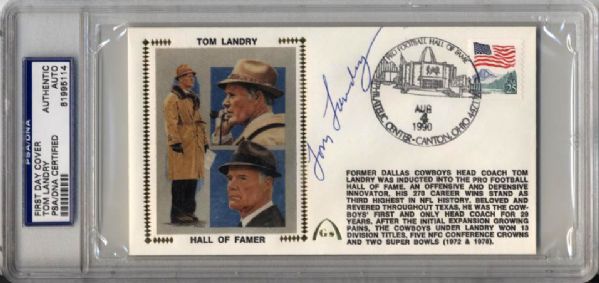 1990 Tom Landry Dallas Cowbys Signed First Day Cover PSA/DNA Slabbed