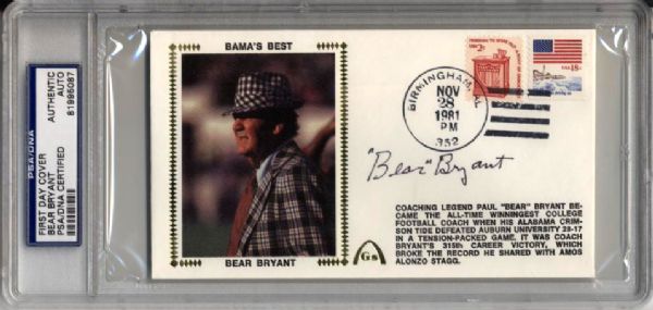 1981 Paul "Bear" Bryant University of Alabama Crimson Tide Signed First Day Cover PSA/DNA Slabbed
