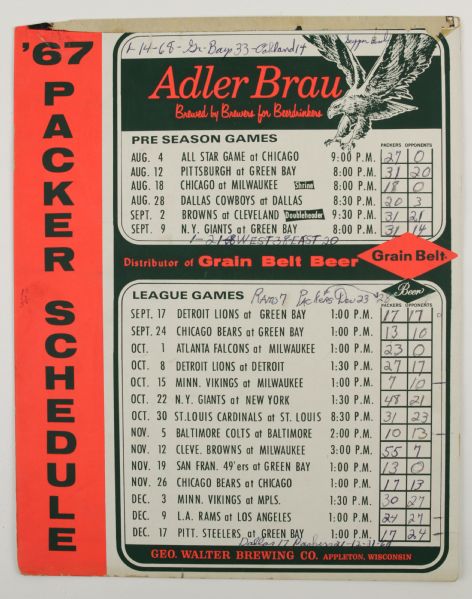 1967 Green Bay Packers 11" x 13 1/2" Adler Brew Schedule Super Bowl I Champions 