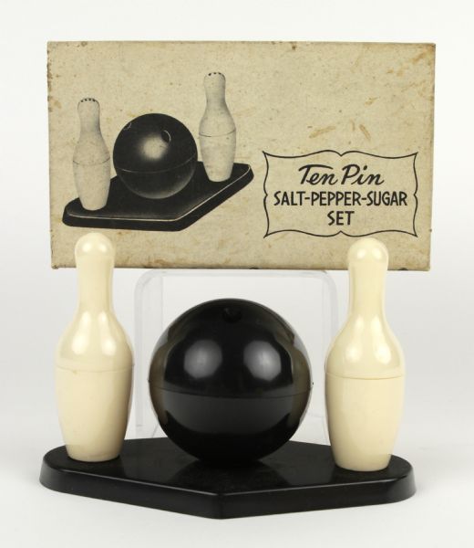 1950s-60s Ten Pin Bowling Salt Pepper & Sugar Set in Original Box 