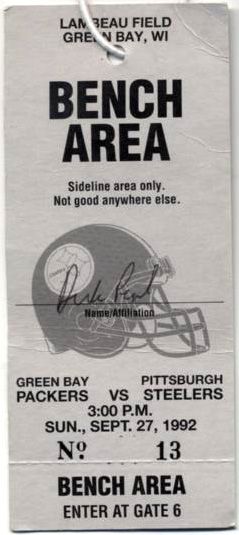 1992 Green Bay Packers Pittsburgh Steelers Sideline Pass Brett Favre First Start (Beginning of Streak)