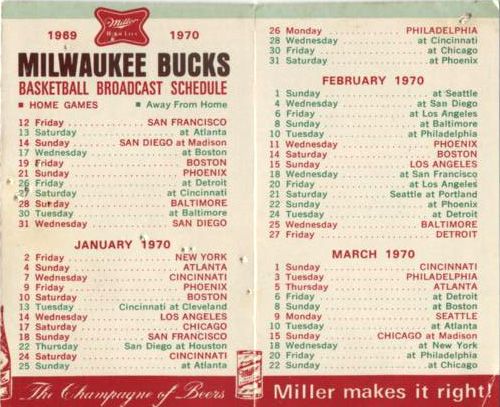 1969-70 Milwaukee Bucks First Season Schedule 