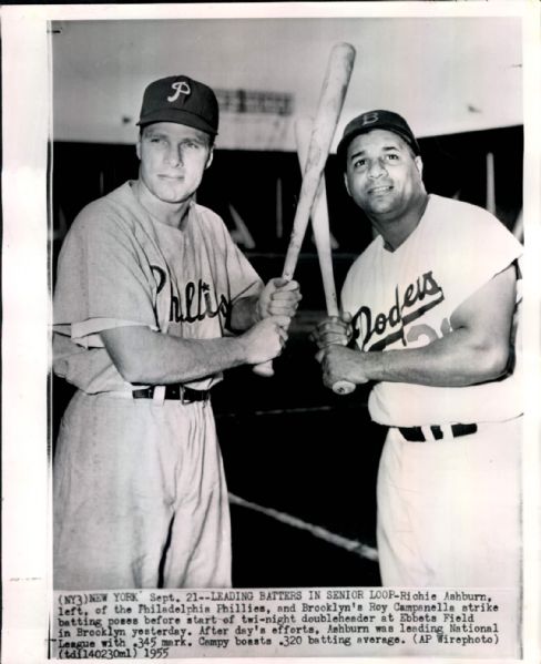 1955 Richie Ashburn Phillies Roy Campanella Dodgers “Seattle Times” Original 8 x 10 News Photo (“Seattle Times” Hologram/MEARS LOA)