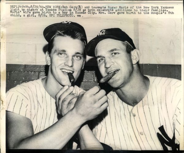1960 Roger Maris and Bob Cerv New York Yankees Light Cigars Boston Herald Original 7" x 8.5" Photo