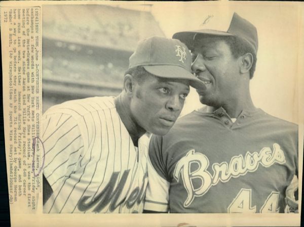 1974 Hank Aaron Willie Mays Atlanta Braves New York Mets "Boston Herald Collection Archives" Original 7.5" x 10" Photo (Boston Herald Archives Hologram/MEARS Photo LOA)