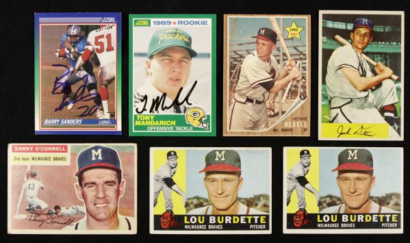 1954-89 Milwaukee Braves Card Lot 4 & Barry Sanders/Tony Mandarich Signed Cards 