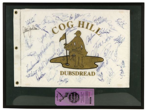 1993 Western Open Cog Hill Dubsdread Signed Golf Flag Display w/34+ Sigs. Incl Ryne Sandberg Hale Irwin Mize Tway Strange Watson Crenshaw  - JSA 