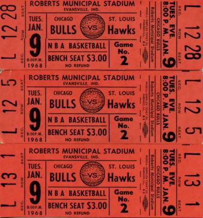 1968 Chicago Bulls Full Ticket vs. St. Louis Hawks Lenny Wilkens Scores 30 Points in Hawks Win -  Lot of 3 