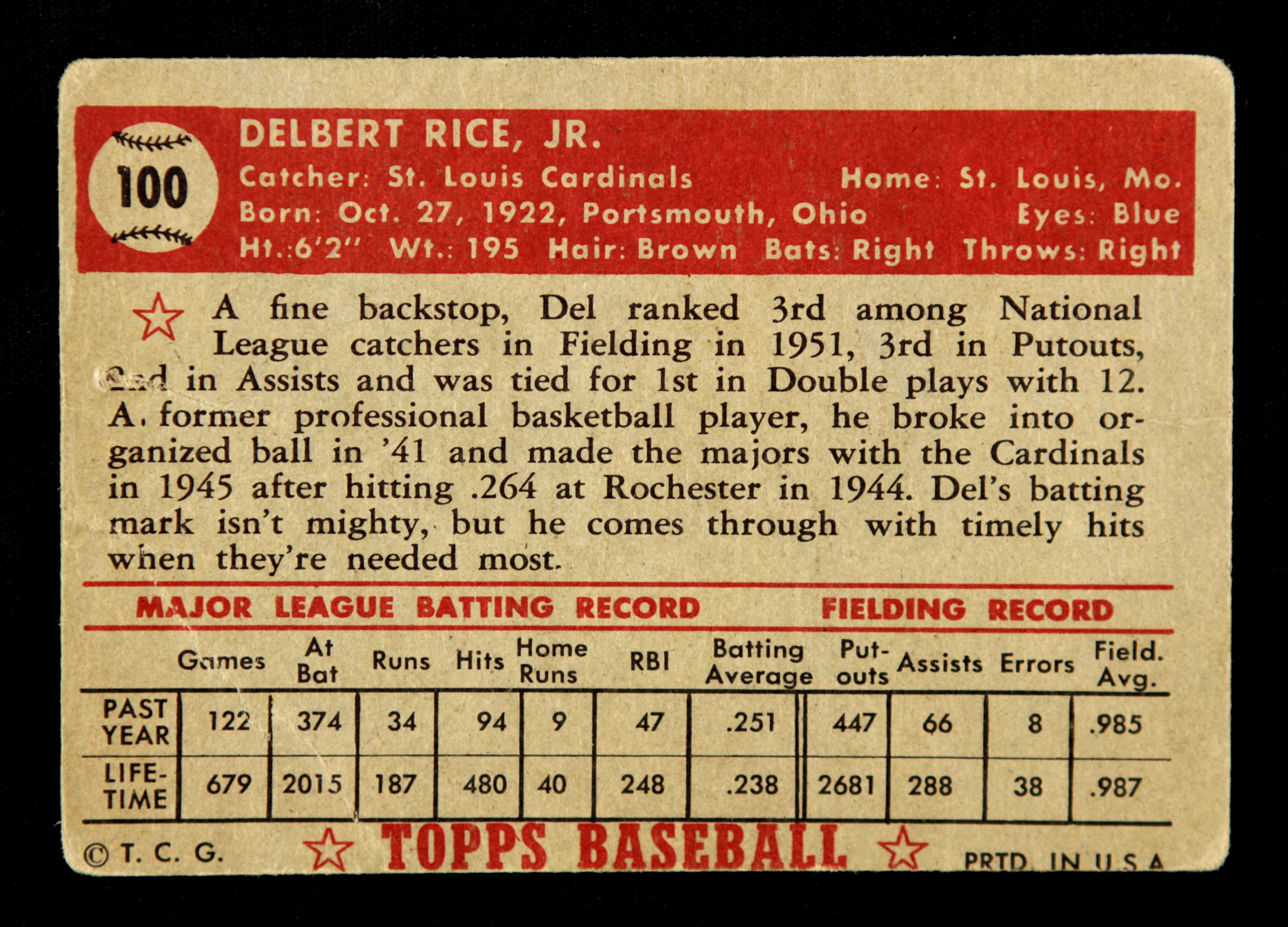Lot Detail - 1952 Del Rice St. Louis Browns Signed Topps Card #100 - JSA