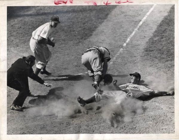 1947-57 Duke Snider Brooklyn Dodgers Slides Home Safely 8 1/2" x 6 3/4" Original Photo 