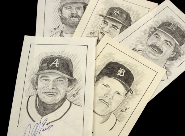 1980s John Raitt Signed Sketches  Lot of 5 w/Bill Freehan Rick Sutcliffe Darrell Evans Tim McCarver Dwight Evans