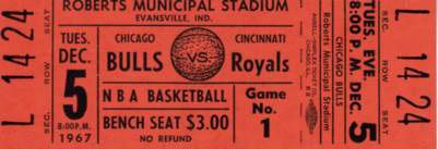 1967 Chicago Bulls vs. Cincinnati Royals Full Ticket - Big Os 37 Not Quite Enough 